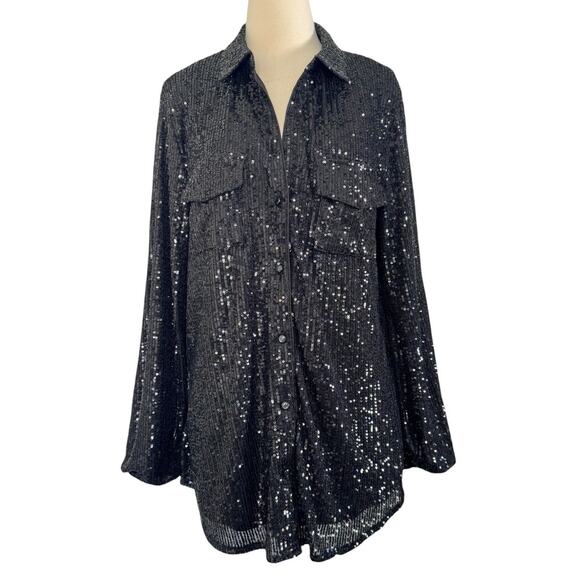 GUESS Sequin Button Up Collared Boyfriend Holiday Oversized Blouse Top Glam Sz M - Picture 3 of 12